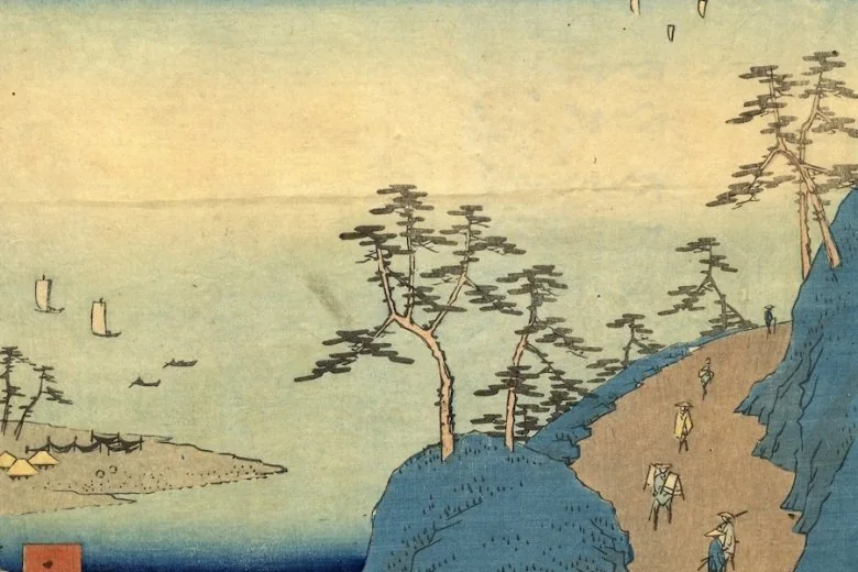 Utagawa Hiroshige (歌川廣重, 1797–1858). No. 33. Shirasuka (三十三白須賀): View of Shiomi Slope (汐見坂風景), Vertical Tōkaidō. 1855. Paper, colour woodblock print (nishiki-e). LNMA collection. Publicity photo