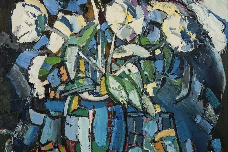 Valdis Bušs, "Baltie ziedi", 1995. gads, 100x81 cm, audekls, eļļa